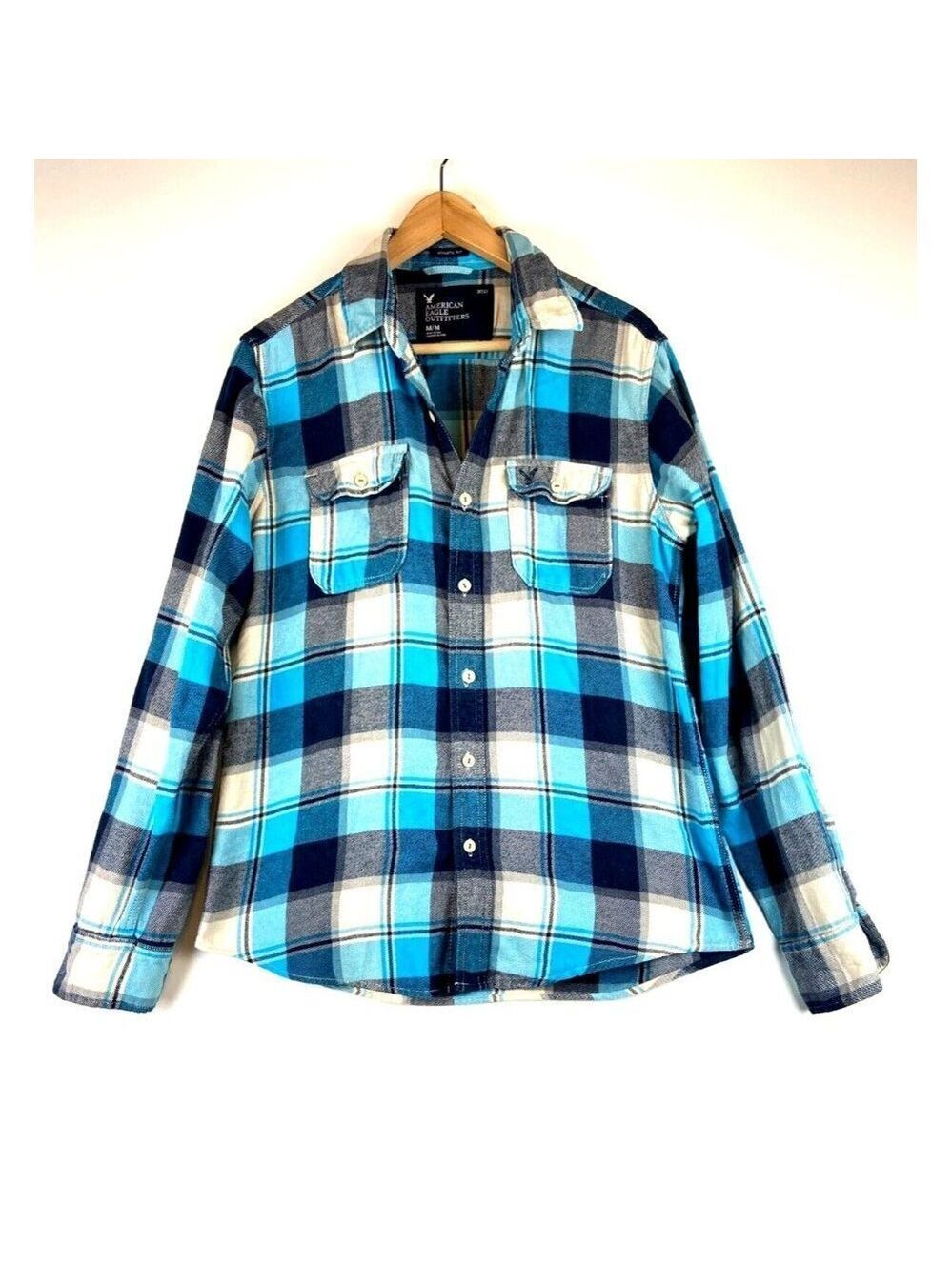 American Eagle Outfitters Men's Athletic Fit Blue Plaid Flannel Shirt Si…